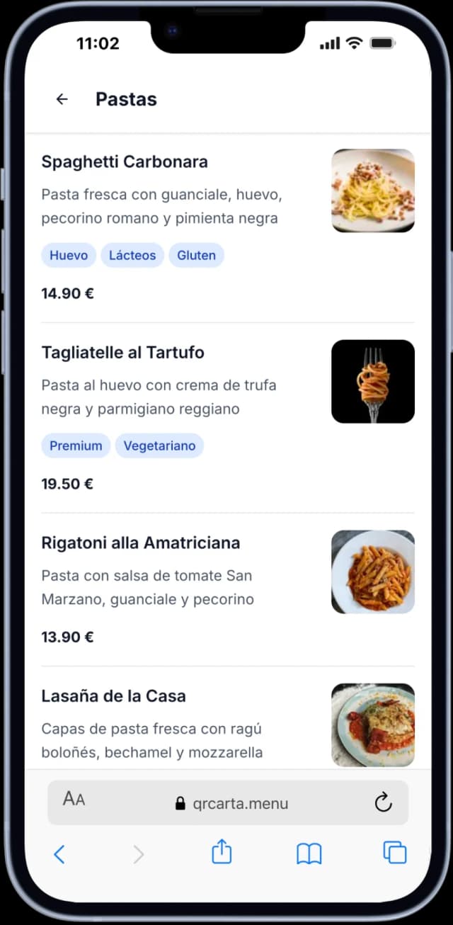 Vista previa del menú en iPhone