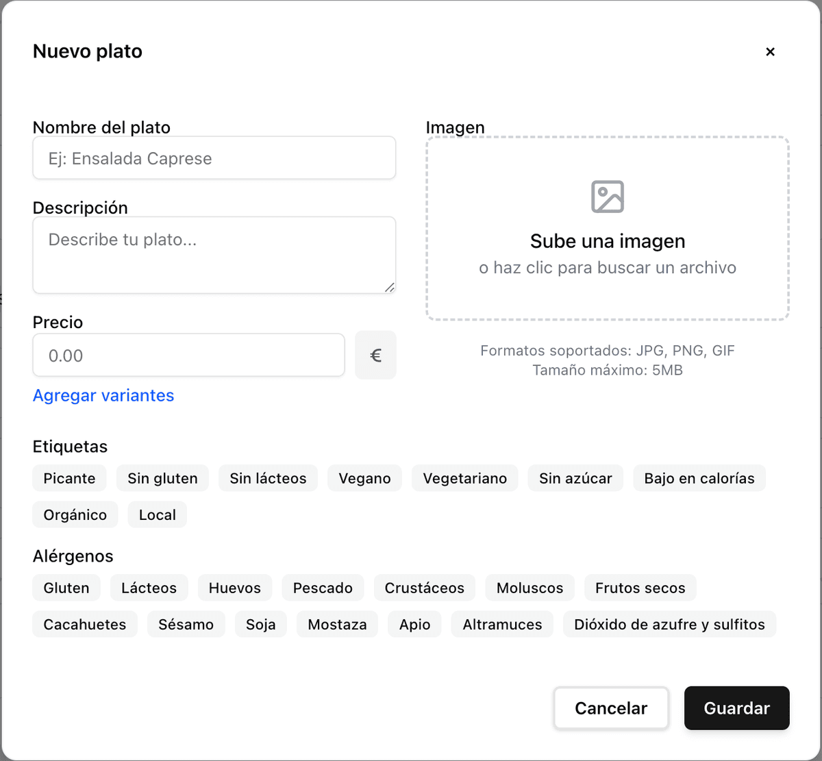 Formulario de gestión de menú